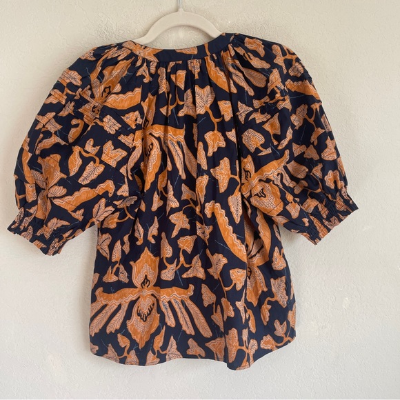 Ulla Johnson Arin Top Short Sleeve V Neck Tassel Blouse Orange Black Midnight - Picture 3 of 5